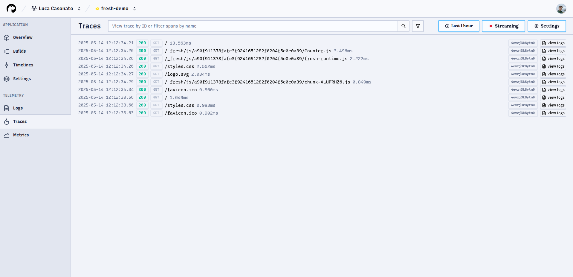 Screenshot of the Traces page