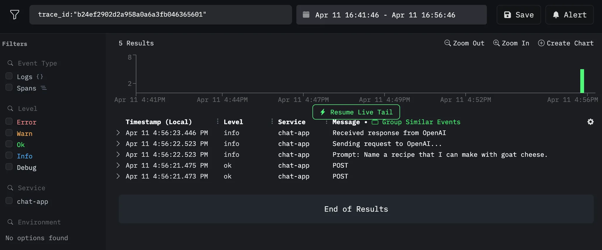 Viewing all logs in a request in HyperDX